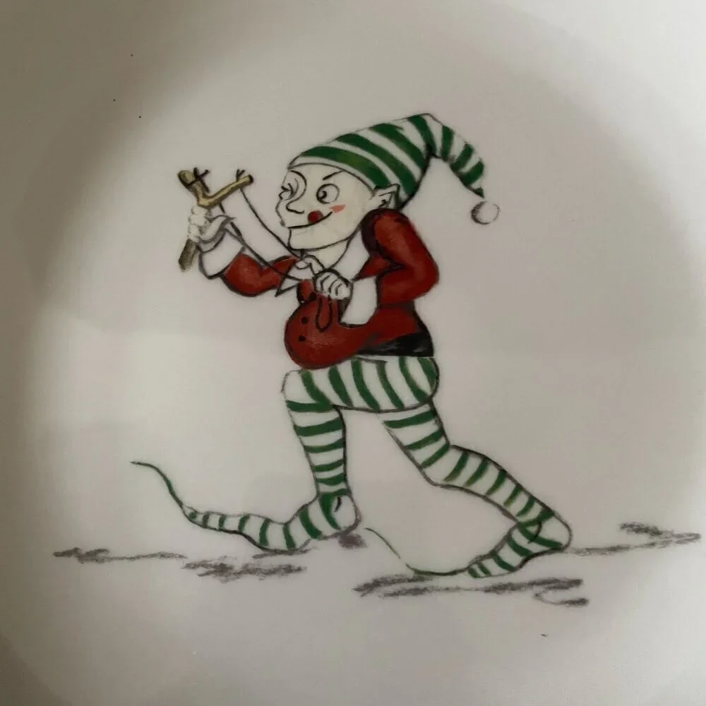 Restoration Hardware Christmas Naughty Elf 6 Salad Plates Boxed RARE Vintage